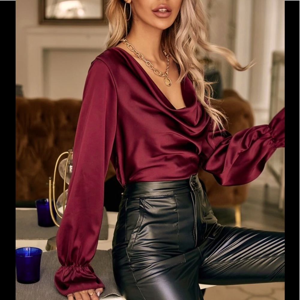 Maroon Cowl Neck Flounce Sleeve Blouse